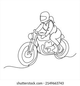 continuous single drawn one line girl woman is riding a motorbike motorcycle bike drawn by hand picture silhouette. Line art.
