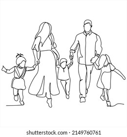 Continuous Single Drawn One Line Family Mum Dad And Two Daughters And Son Big Family Hand-drawn Picture Silhouette. Line Art. Doodle
