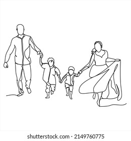 continuous single drawn one line family mum dad and two daughters and son big family hand-drawn picture silhouette. Line art. doodle
