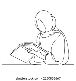 continuous single drawn one line Muslim girl student drawn by hand picture silhouette.Line art. Muslim character is educated