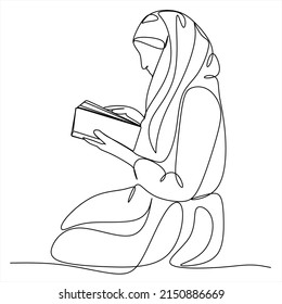 continuous single drawn one line Muslim girl student drawn by hand picture silhouette.Line art. Muslim character is educated