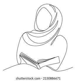 continuous single drawn one line Muslim girl student drawn by hand picture silhouette.Line art. Muslim character is educated