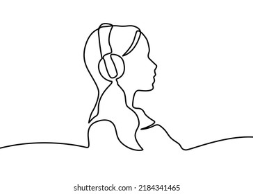 continuous single drawn one line. girl woman listens to music with headphones hand-drawn picture silhouette. Line art. Woman with Headphones Minimalist One Line Drawing. Female Head Contour