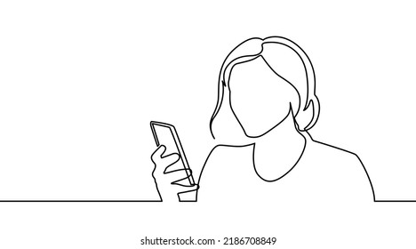 durchgehendes, einzeilige Mädchen auf dem Telefon handgezeichnet Bild Silhouette. Kunstdoodle. Kontinuierliche Zeichnung von Mädchen, die Handy oder Smartphone spielen und verwenden. 