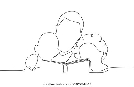 continuous single drawn one line dad reads book to his kids hand-drawn picture silhouette. Line art