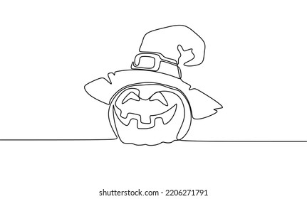 Continuous Single Drawn One Line Witch Cap On A Pumpkin Hand-drawn Picture Silhouette. Line Art. Halloween Holiday