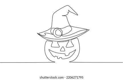 continuous single drawn one line witch cap on a pumpkin hand-drawn picture silhouette. Line art. Halloween Holiday