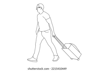 Continuous single drawn one line man with a suitcase drawn by hand picture silhouette. Line art. the man is on the road. Continuous line drawing of man business traveler with luggage, old man.