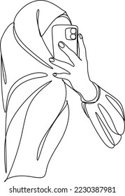 continuous single drawn one line Muslim girl student talks by phone drawn by hand picture silhouette. Line art
