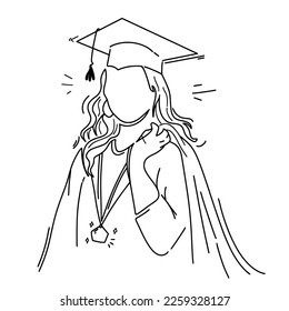 continuous single drawn one line girl student drawn by hand picture silhouette. Line art. graduate student graduate.