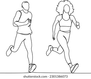 continuous single drawn one line man and woman on a run. character woman and man running around
