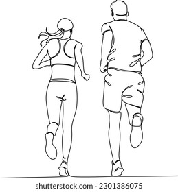 continuous single drawn one line man and woman on a run. character woman and man running around
