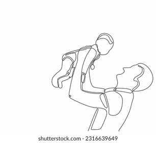 Continuous single drawn one line dad tosses a toddler by hand. Laugh together with baby. Happy playing with his baby. parents day vector.