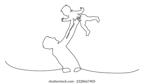 Continuous single drawn one line dad tosses a toddler by hand. Laugh together with baby. Happy playing with his baby. Love his baby. Vector illustration.