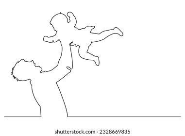 Continuous single drawn one line dad tosses a toddler by hand. Laugh together with baby. Happy playing with his baby. Love his baby. Vector illustration