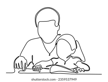 continuous single drawn one line dad reads book to son hand-drawn picture silhouette. Line art