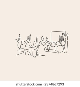 continuous single drawn one line kids on lessons with teacher. Line art. 