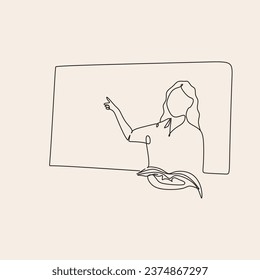 continuous single drawn one line kids on lessons with teacher. Line art. 
