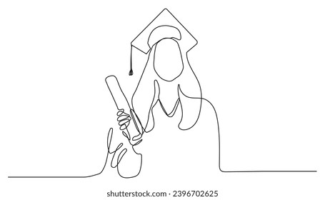 continuous single drawn one line girl student drawn by hand picture silhouette. Line art. graduate student graduate.
