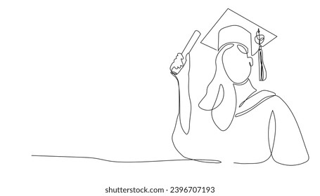 continuous single drawn one line girl student drawn by hand picture silhouette. Line art. graduate student graduate.