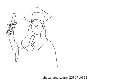 continuous single drawn one line girl student drawn by hand picture silhouette. Line art. graduate student graduate.
