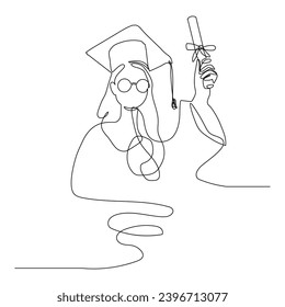 continuous single drawn one line girl student drawn by hand picture silhouette. Line art. graduate student graduate.