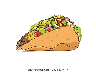 continuous single drawn one line taco hand-drawn picture silhouette. Mexican food tacos