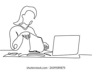 Continuous single drawn one line bookkeeper woman accountant works with documents and.