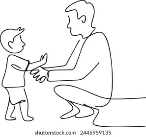 continuous single drawn one line of dad playing with son in airplane hand-drawn picture silhouette. Line art. character a man plays with his son
