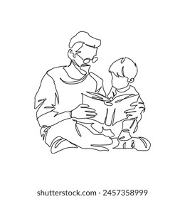 Continuous single drawn, one line dad and son reading book, parent love kid, line art illustration for fathers day decoration