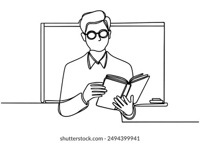 Continuous single drawn one line teacher with textbook,vector illustration