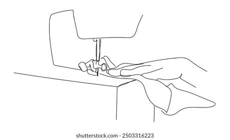 Continuous single drawn one line woman sews behind the sewing machine hand-drawn picture silhouette. Line art. Woman Sewing illustration Silhouette of Woman sitting with sewing machine isolated.