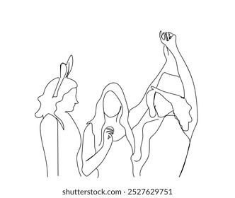 Continuous single drawn one line 
 Friends celebrating Christmas or New Year eve party.  Fun Celebration. Hand made vector not AI.