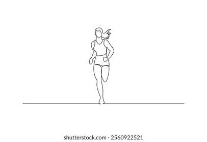 Continuous single drawn one line girl on a run, single continuous line drawing of a young woman athlete running fast.Sport running woman concept of sports, fitness, athletics, running.