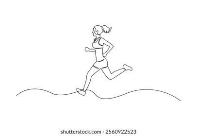 Continuous single drawn one line girl on a run, single continuous line drawing of a young woman athlete running fast.Sport running woman concept of sports, fitness, athletics, running.