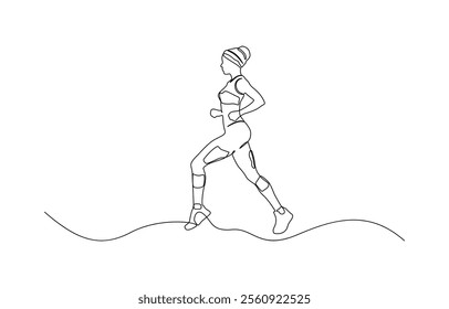 Continuous single drawn one line girl on a run, single continuous line drawing of a young woman athlete running fast.Sport running woman concept of sports, fitness, athletics, running.