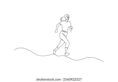 Continuous single drawn one line girl on a run, single continuous line drawing of a young woman athlete running fast.Sport running woman concept of sports, fitness, athletics, running.