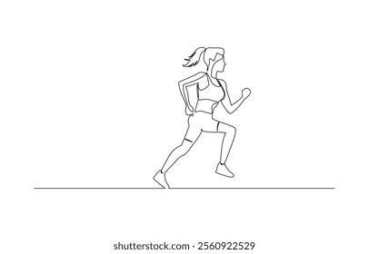 Continuous single drawn one line girl on a run, single continuous line drawing of a young woman athlete running fast.Sport running woman concept of sports, fitness, athletics, running.