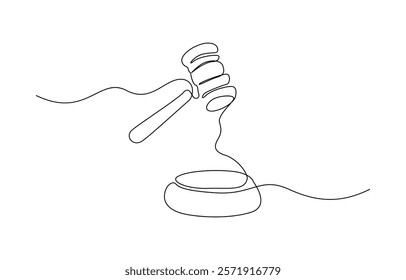 Continuous single drawn one line hammer for the judge drawn from the hand picture, Judge hammer one continuous single line art drawing.