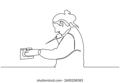 continuous single drawn one line female scientist with a microscope hand-drawn picture, One continuous line drawing of scientist do research in the laboratory with white background.