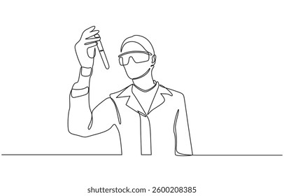continuous single drawn one line female scientist with a microscope hand-drawn picture, One continuous line drawing of scientist do research in the laboratory with white background.