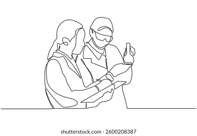 continuous single drawn one line female scientist with a microscope hand-drawn picture, One continuous line drawing of scientist do research in the laboratory with white background.