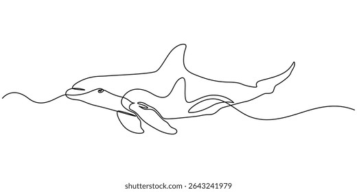 Desenho contínuo de uma linha desenhada de baleia. Ilustração vetorial, desenho contínuo de uma linha de golfinho. Ilustração simples de ilustração de vetor de arte de par de golfinhos, contínua uma linha