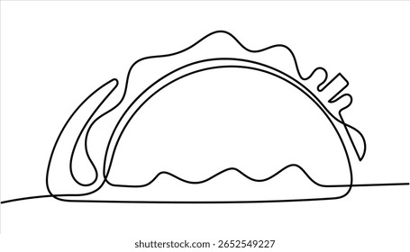 
continuous single drawn one line taco hand-drawn picture silhouette. One continuous line drawing of Tacos food vector illustration. Traditional food in simple linear style vector design concept. 