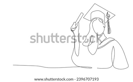continuous single drawn one line girl student drawn by hand picture silhouette. Line art. graduate student graduate.