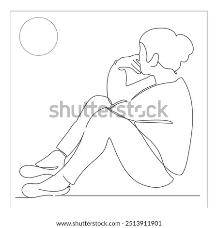 Continuous single drawn one line girl female teenager dreaming with saw the moon hand-drawn picture silhouette. Line art.