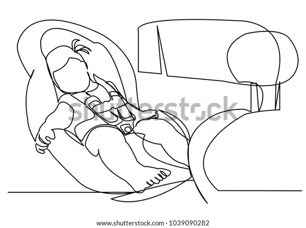 continuous single drawn one line girl sitting in car\
seat drawn by hand picture silhouette. Line art. child safety in\
the car