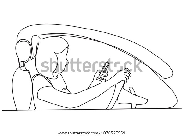 continuous\
single drawn one line woman at the wheel of a car talking on the\
phone hand-drawn picture silhouette. Line\
art.