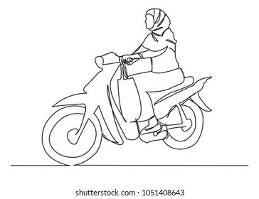 continuous single drawn one-line Muslim woman edging on a bike hand-drawn picture silhouette. Line art. the modern Muslim woman is the father of a scooter