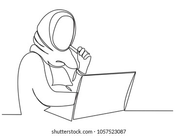 continuous single drawn one-line Muslim woman at work drawn by hand silhouette picture. Line art